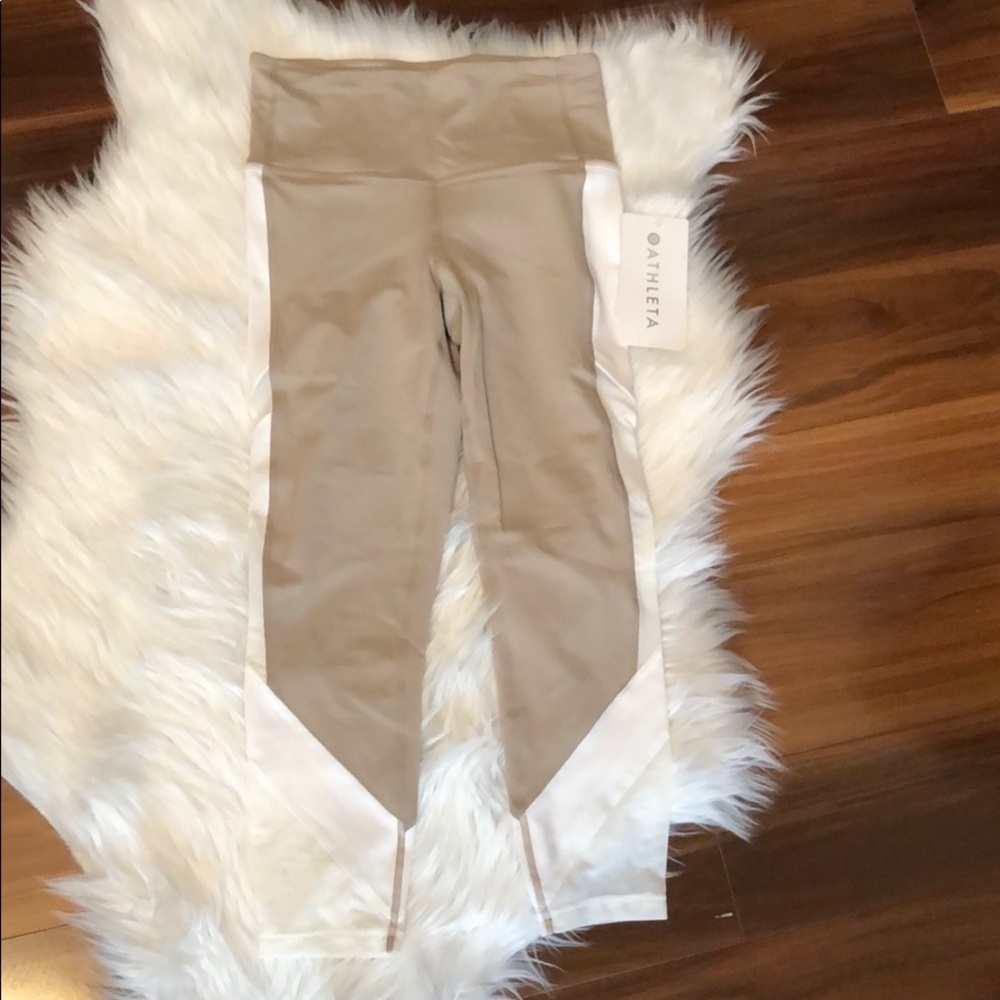 Athleta Exhale Capri- tan and white mesh